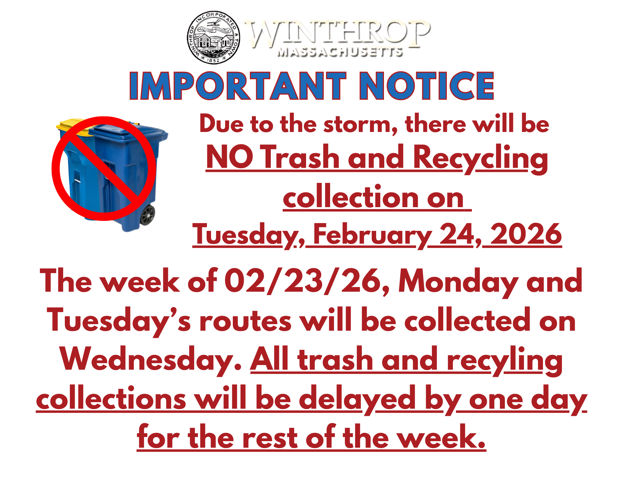 UPDATE for trash and recycling collection for the week of 02/23/26